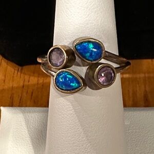 Blue Opal and Purple Amethyst Ring. Brass setting on a silver band. Size 6.